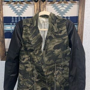 CAbi Green and Black Utility Jacket with Camouflage Design